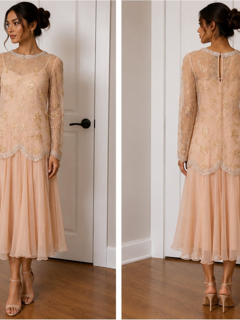 Embellished Sheer Neckline Midi Dress in Blush